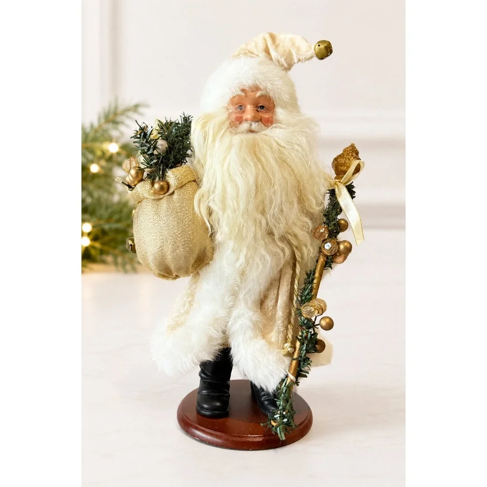 Gold & Ivory Father Christmas Santa Figurine w/ Staff Wooden Base 13